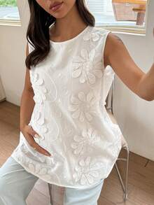 Dazy Maternity White Maternity Tank Top Camisole With Small Round Neck, 3D Floral Decor, Sleeveless, Loose Fit, Elegant Romance Summer Babyshower - White - View 7