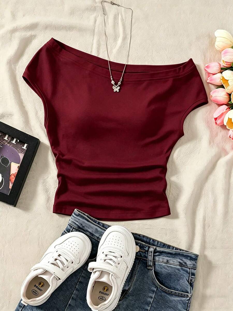 SHEIN Camiseta sencilla con hombros descubiertos para niñas preadolescentes, primavera y verano - Burdeos - Ver 1