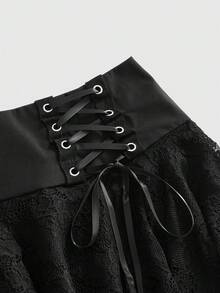 ROMWE Women's Waist Corn Contrast Lace Asymmetric Hem Lace-Up Mini Skirt Bar Party Night Out Black Summer Goth Punk - Black - View 3