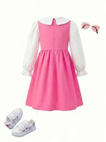 SHEIN Young Girl Young Girl College Style Colorblock Peter Pan Collar Long Sleeve Dress - Pink - View 7