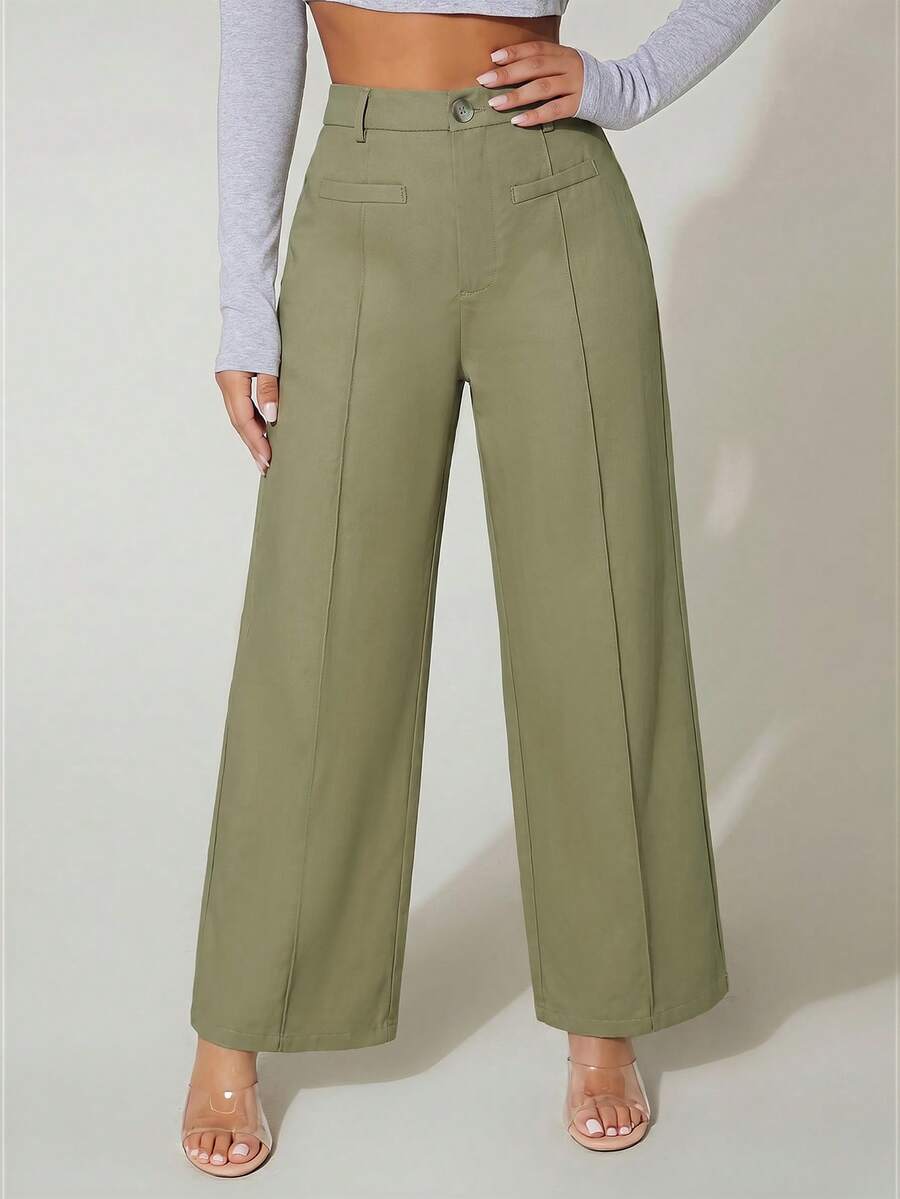 SHEIN PETITE 高腰寬腿夏季長褲 100%純棉,適合嬌小女性 - 軍綠色 - 查看 1