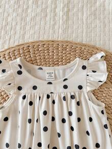 SHEIN LMoss Kids 新生女嬰可愛夏季休閒波點圖案荷葉袖連身衣 - 米色 - 查看 5
