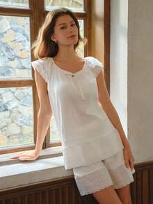 Bisouelle 2pcs Women Sleepwear Set, Solid Color Camisole And Shorts Casual Homewear, Comfortable For Outdoor Wear, Easy Care Fabric - White - View 5