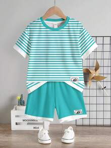 Young Boy Casual Minimalist T-Shirt Set, Classic Striped Summer Azure Color Pattern Print, Classic Coconut Tree Logo Pattern Print, Suitable For Spring And Summer, Suitable For Vacation - Multicolor - View 2