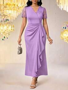 SHEIN Lady Vestido de mujer con bordado, parches de malla y volantes en el bajo, color lavanda - Púrpura malva - Ver 3