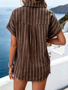 EMERY ROSE Women's Striped Single-Breasted Casual Versatile Daily Wear Shirt - Coffee Brown - View 2