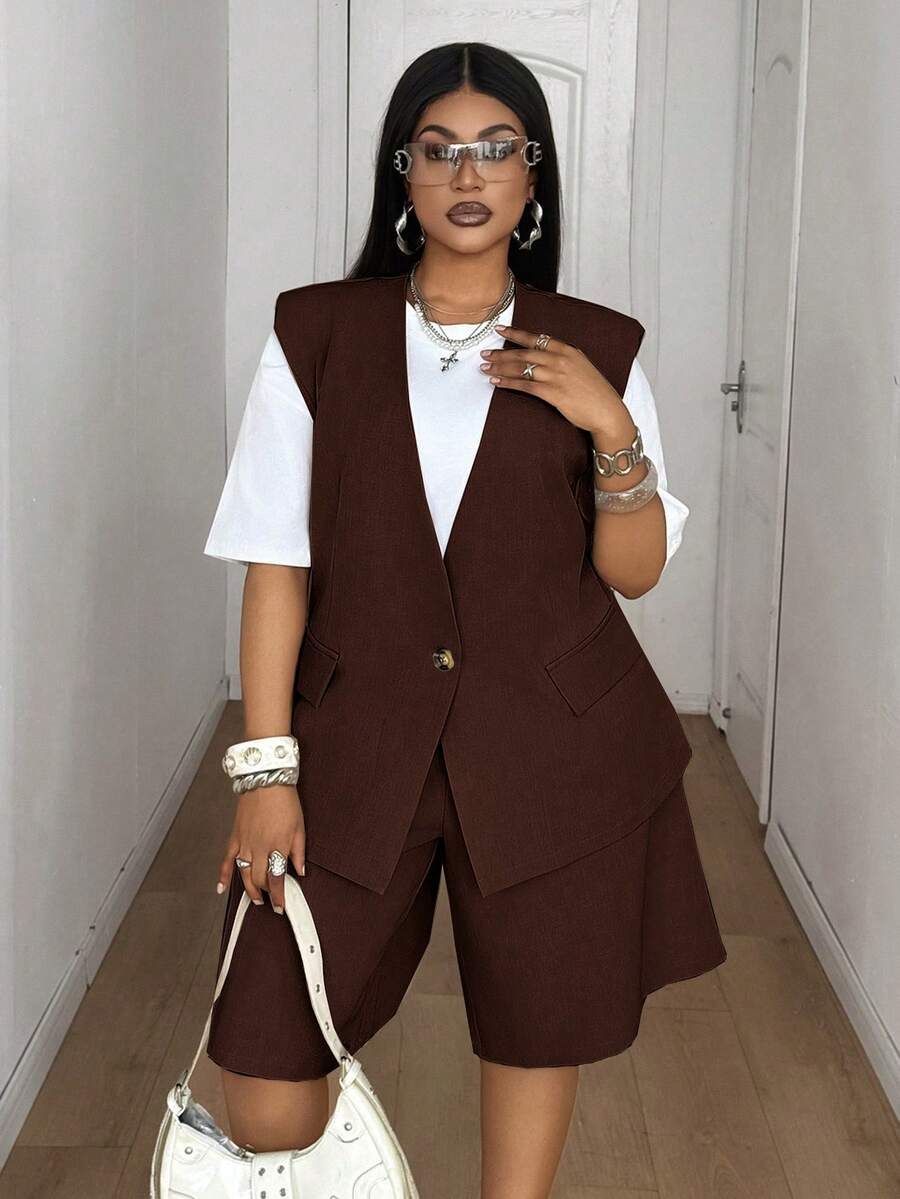 Maweii Plus Size Women's Solid Color Single Button Vest And Shorts Casual Commute Suit Set - Coffee Brown - View 1