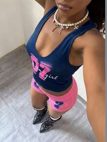 Maweii 大尺碼女款性感柔軟 2000s 90s Y2K 度假風 海軍藍與粉紫色字母印花 低領背心短褲兩件套 健身運動夏季穿搭 - 彩色 - 查看 6