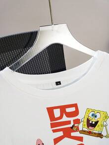 SpongeBob SquarePants | SHEIN 大尺碼女款字母卡通印花休閒百搭日常短袖T恤 - 白色 - 查看 5
