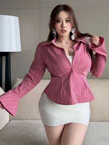 REIGN AVE Plaid Collared Puff Short Sleeve Cropped Blouse With Cinched Waist Fall - Hot Pink - View 4