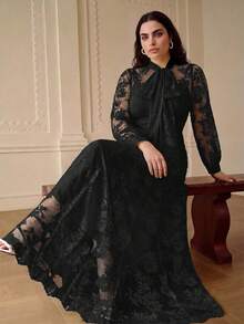 ZEYLAH Plus Size Elegant Romantic Bow Tie Loose A-Line Long Dress With Ribbon, Spring/Summer - Black - View 1