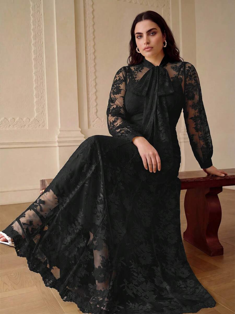 ZEYLAH Plus Size Elegant Romantic Bow Tie Loose A-Line Long Dress With Ribbon, Spring/Summer - Black - View 1