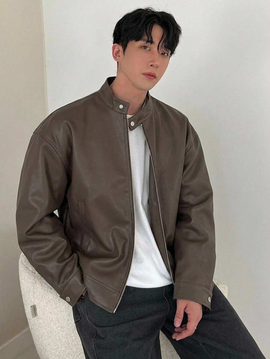 DAZY Autumn Solid Brown PU Men's Jacket & Coat - Brown - View 1
