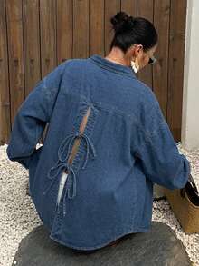 Dazy Plus Light Blue Washed Back Slit Tie Design Playful Commute Loose Denim Shirt Blouse Spring Summer - Medium Wash - View 4