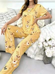 SHEIN 花卉蝴蝶印花上衣與長褲女款睡衣套裝 - 黃色 - 查看 6