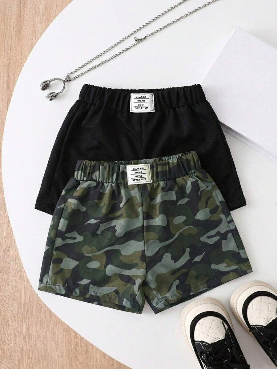 2pcs/Set Baby Boy Casual Camouflage & Black Shorts, Comfortable Versatile Shorts, Suitable For Daily Wear, Outdoor Sports And Spring/Summer/Autumn Seasons, Baby Boy Clothes Casual Shorts - Multicolor - View 1