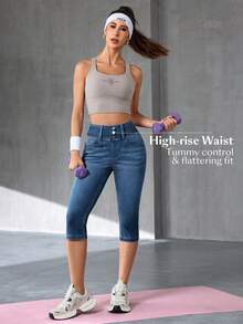 SHEIN Essnce 女款休閒日常牛仔七分褲附口袋 - 深色水洗藍 - 查看 6