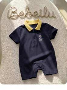 Pelele de punto con estampado de dibujos animados de estilo universitario lindo amarillo para bebé niño - Multicolor - Ver 1
