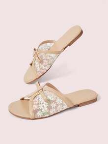 CUCCOO DOLLMOD Women's Shoes Fashion Round Toe Open-Toed Bow Mesh Embroidery Flat Sandals Women's Casual Comfortable Versatile Slippers - Apricot - View 3