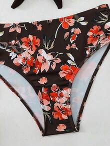 SHEIN Swim Swim Lushoire 女士成熟時尚性感泳裝兩件套，青藍孔雀綠前綁帶純色比基尼上衣搭配花卉印花短褲套裝，夏季海灘度假風 - 棕色 - 查看 6