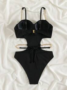 Vaytide Bañador una pieza de canalé con abertura con diseño de cadena - Negro - Ver 2