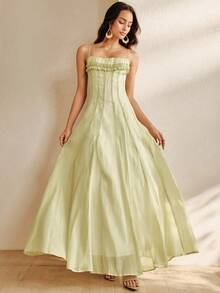 Anewsta Women's Elegant Dress, Vacation Outfit Dress, Summer Spaghetti Strap Frill Trim Fit And Flare Dress Vacation Sage Green - Green - View 3