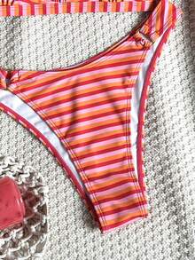 Swim Vcay Bikini 2 Potong Motif Garis-garis Oranye Pink Musim Semi/Panas 2026 dengan Tali Tebal dan Bagian Belakang yang Dapat Diatur, Potongan Tinggi, Cocok untuk Liburan Pantai dan Pemotretan - MultiWarna - View 6
