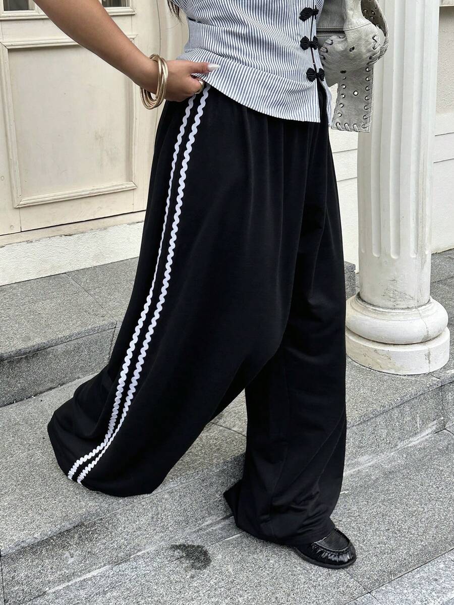 Muchica Plus Size Women's Elastic Waist Colorblock Casual Versatile Daily Wear Long Pants - Black - View 1