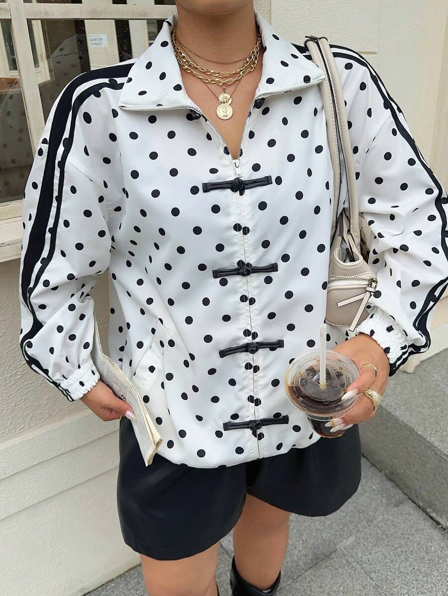 Muchica Plus Size Women's Polka Dot Pattern Frog Button Design Lightweight Jacket - Black and White - View 1