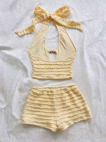 Soleia Women's Halter Neck Backless Top And Solid Color Shorts No Chest Padding - Yellow - View 2