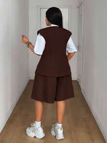 Maweii Plus Size Women's Solid Color Single Button Vest And Shorts Casual Commute Suit Set - Coffee Brown - View 6