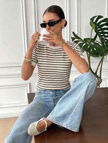Serisse Top de punto de manga corta con rayas y bloques de color casual - Marrón Mocha - Ver 1