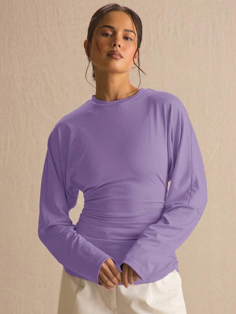 MUSERA Cinched Ruched Waist Batwing Long Sleeve Top Spring Summer Cute Cosy Cottage Core Spring Dew Spring Outfit Casual Office Work Elegant - Lilac Purple - View 1