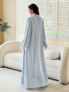 Al Najma Romantic Elegant Solid Color Flared Mesh Lace Decor Women's Abaya - Blue - View 3