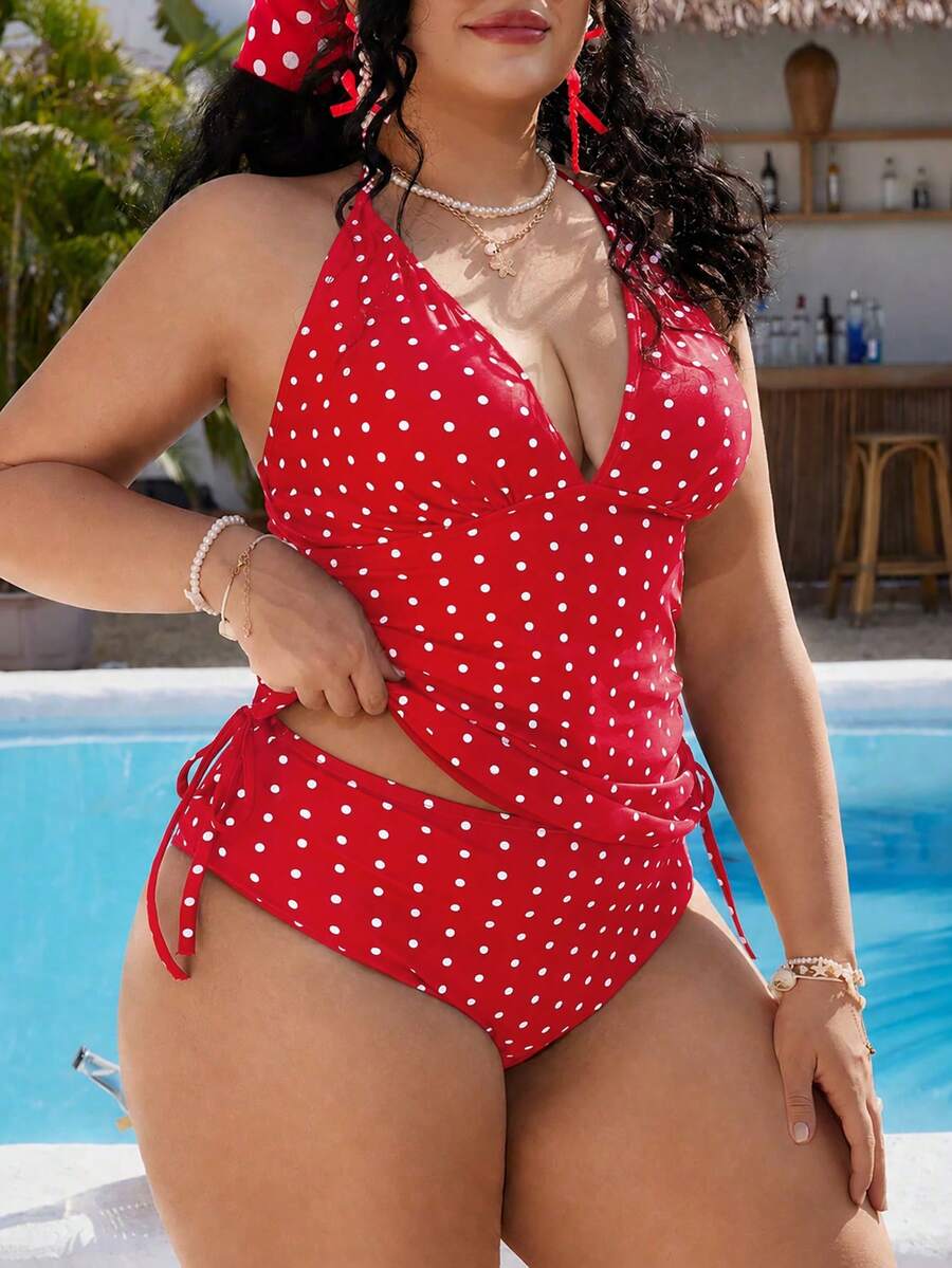 Swim Mod 大尺碼女款甜美女孩風黑白波點印花海灘度假背心比基尼套裝 - 紅色 - 查看 1