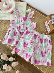 SHEIN 2件組女嬰幼兒/新生兒0-3歲春夏休閒日常可愛度假心形與花卉圖案吊帶上衣+短褲套裝，吊帶上衣附3D蝴蝶結裝飾，小女孩夏季休閒慵懶甜美風套裝，適合日常玩耍、休閒與度假穿著 - 彩色 - 查看 8