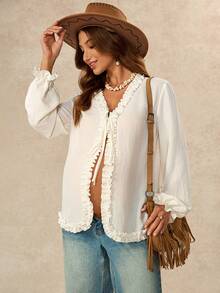 Boho Mama Comfortable Pure Maternity Shirt With Ruffle Trim And Front Tie – Autumn Fall - Apricot - View 1
