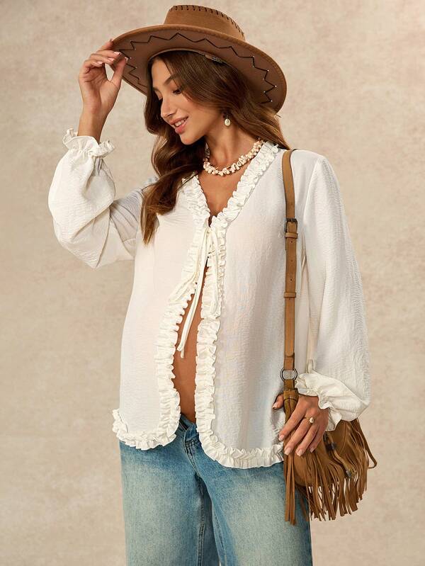 Boho Mama Blusa de Maternidade em Algodão Puro Confortável com Babados e Laço à Frente