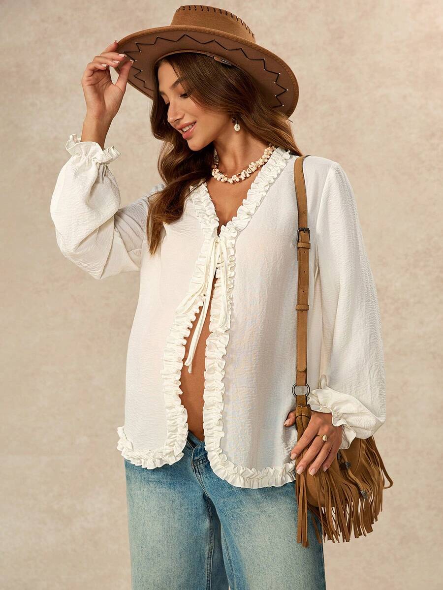 Boho Mama Comfortable Pure Maternity Shirt With Ruffle Trim And Front Tie – Autumn Fall - Apricot - View 1