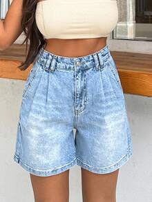 EURMUSE Pantalón corto de corte recto con detalles de cintura alta 100% algodón - Azul lavado medio - Ver 4