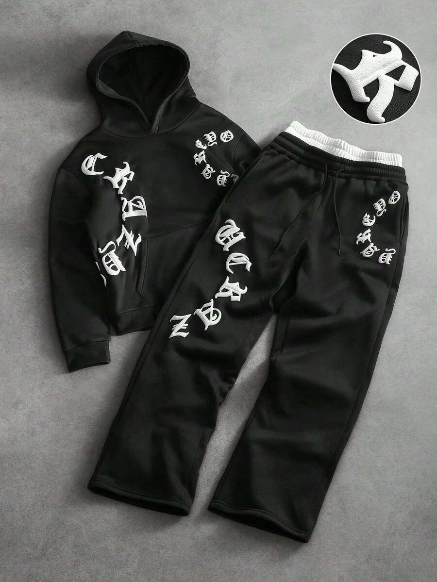 PAVTROS Men's Letter Print Hoodie & Sweatpants Set - Black - View 1