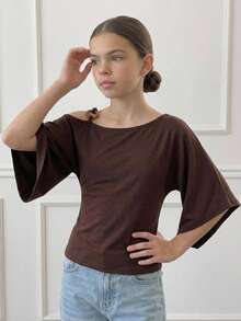 DAZY Tween Girl Solid Color Ruched Slim Fit Versatile Casual T-Shirt - Brown - View 5
