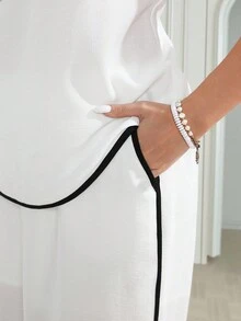 Miaspire Plus Size Women Summer Casual Elegant Teachers' Day Black And White Contrast Trim Camisole And Wide Leg Pants 2 Pieces Set With Pockets Formal Office - White - View 6