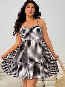 Solflare Gaun Camisole Wanita Ukuran Plus Motif Kotak-kotak Prancis Manis dengan Hem Berumbai - Coklat - View 8