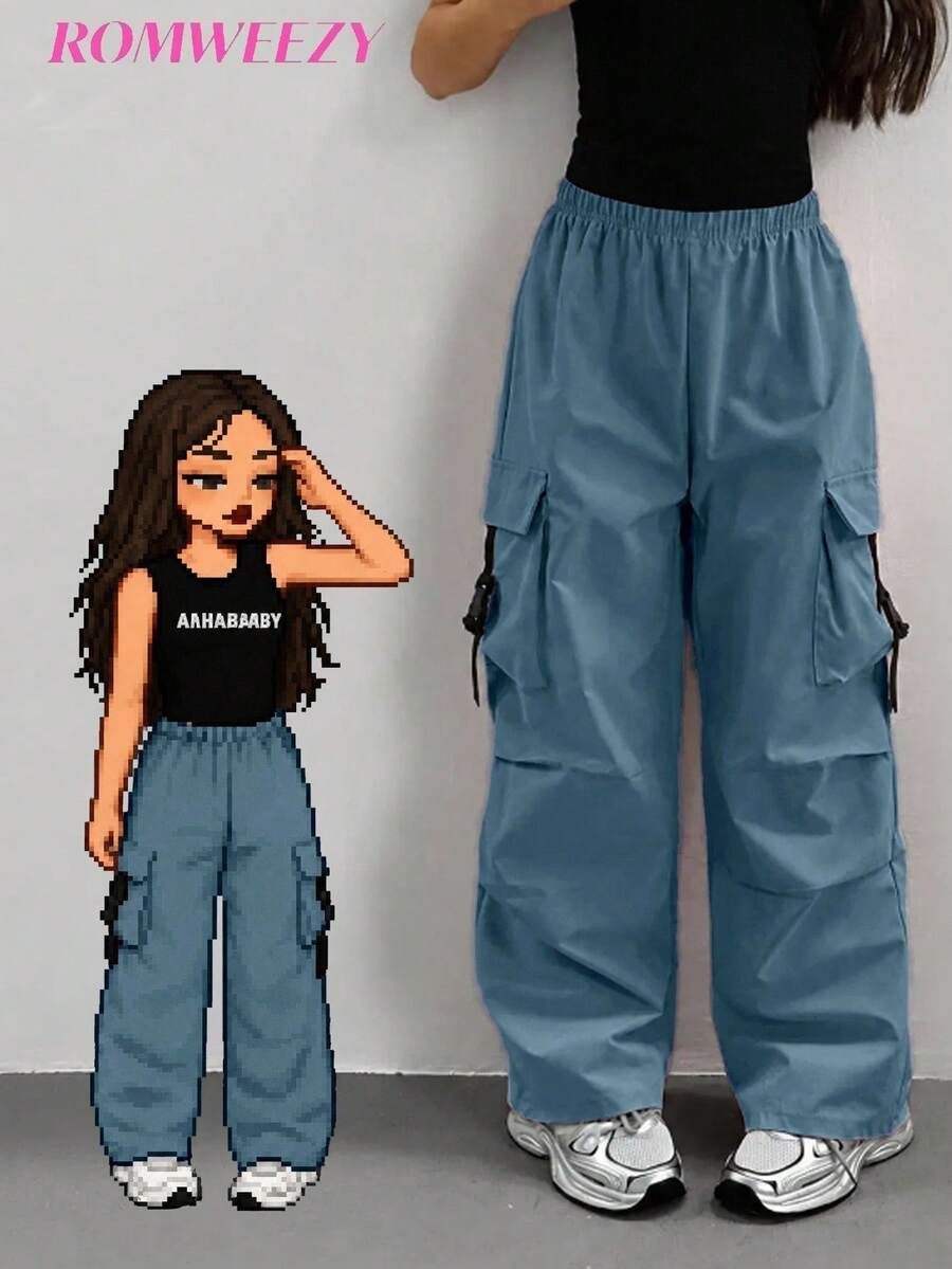 SHEIN 少女彈性腰休閒百搭日常工裝褲 - 藍色 - 查看 1