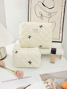 1Pc Quilted Bow Embroidered Cosmetic Bag, Lightweight Fluffy Zipper Travel Toiletry Pouch, Multi-Purpose Storage Case For Makeup, Tampons & Sanitary Pads, Portable Organizer For Daily School & Travel Use, Back To School Supplies - Beige - View 5