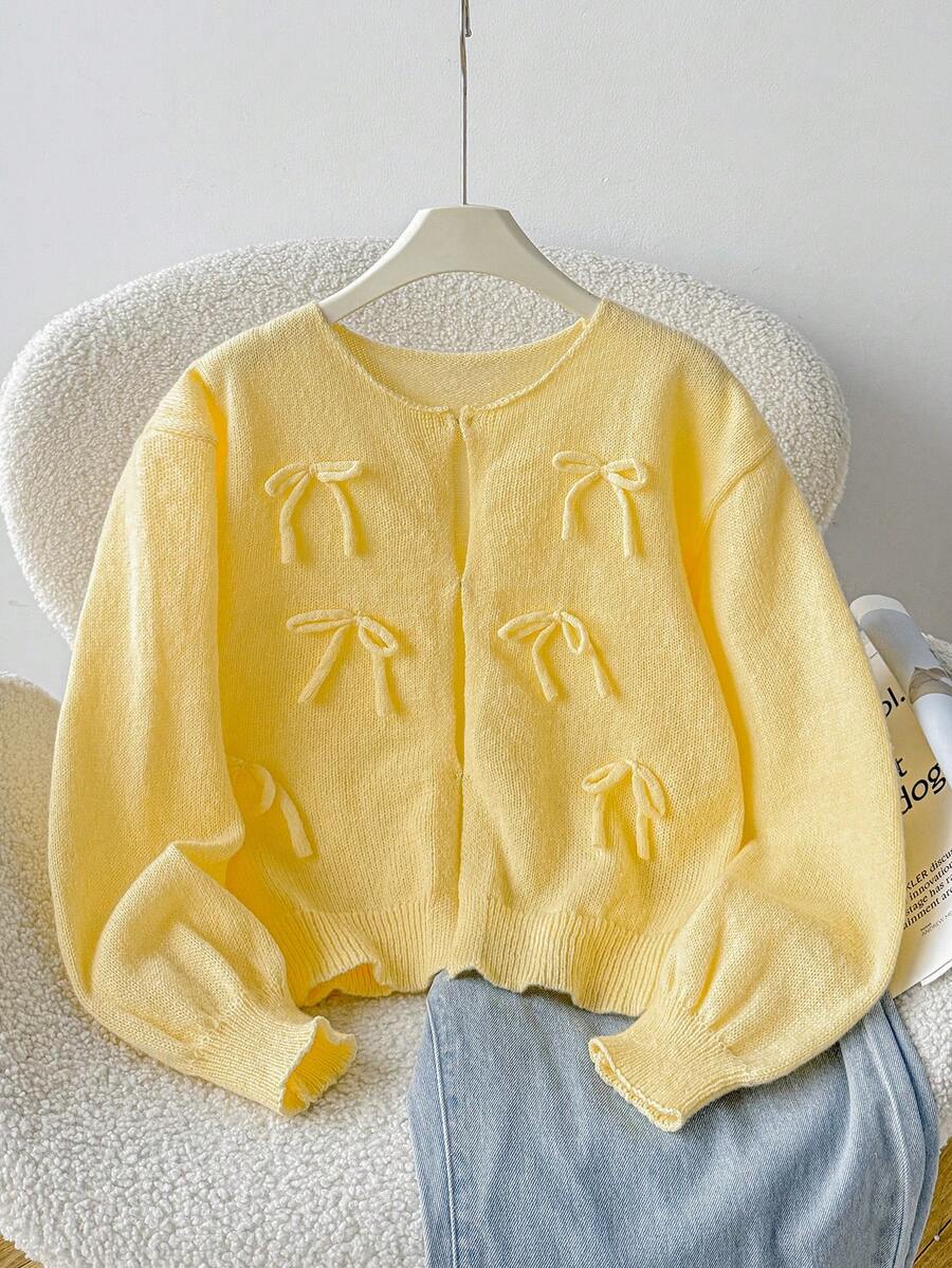 SHEIN 青少年女孩休閒日常百搭舒適開襟衫 秋冬穿搭 - 黃色 - 查看 1