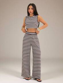SHEIN PETITE 2pcs/Set Women Striped Camisole And Pants, Casual Summer Outfit - Multicolor - View 4