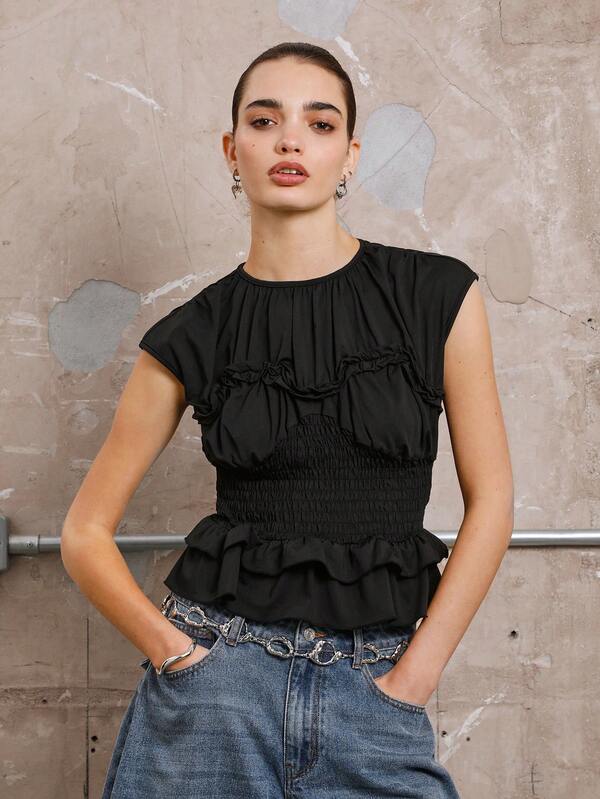 COUREZ Fitted Shirred Sleeveless Top/Y2K Festival Concert Top Women Fall Winter Shirred Top