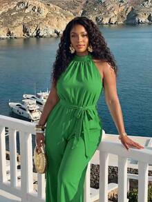 Slaydiva Mono de cuello halter de unicolor talla grande para vacaciones y uso casual - Verde - Ver 6